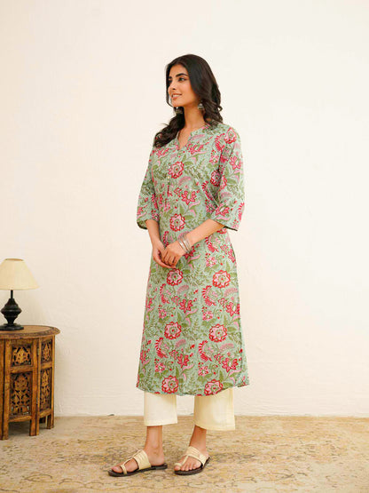 Cotton Pleat Kurta For Women Green Flower