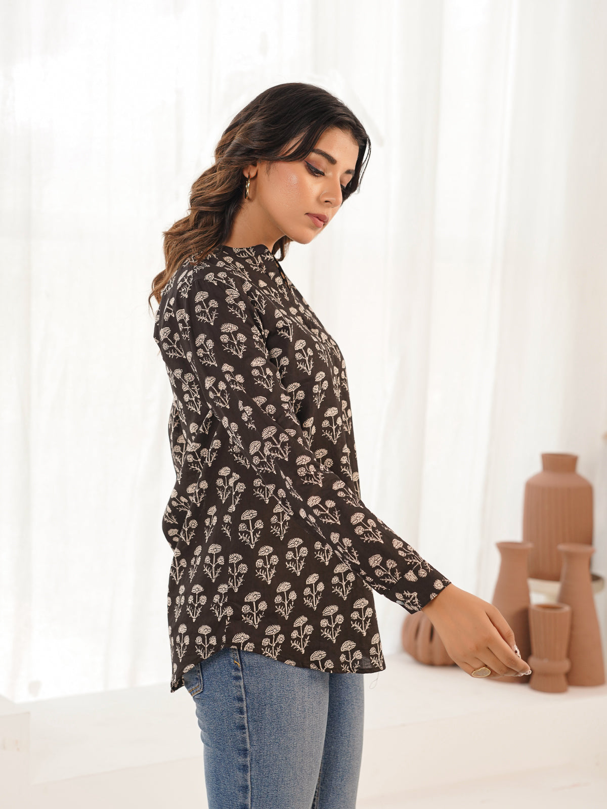 Cotton Printed Top For Women Black