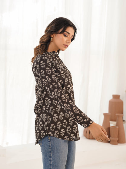 Cotton Printed Top For Women Black