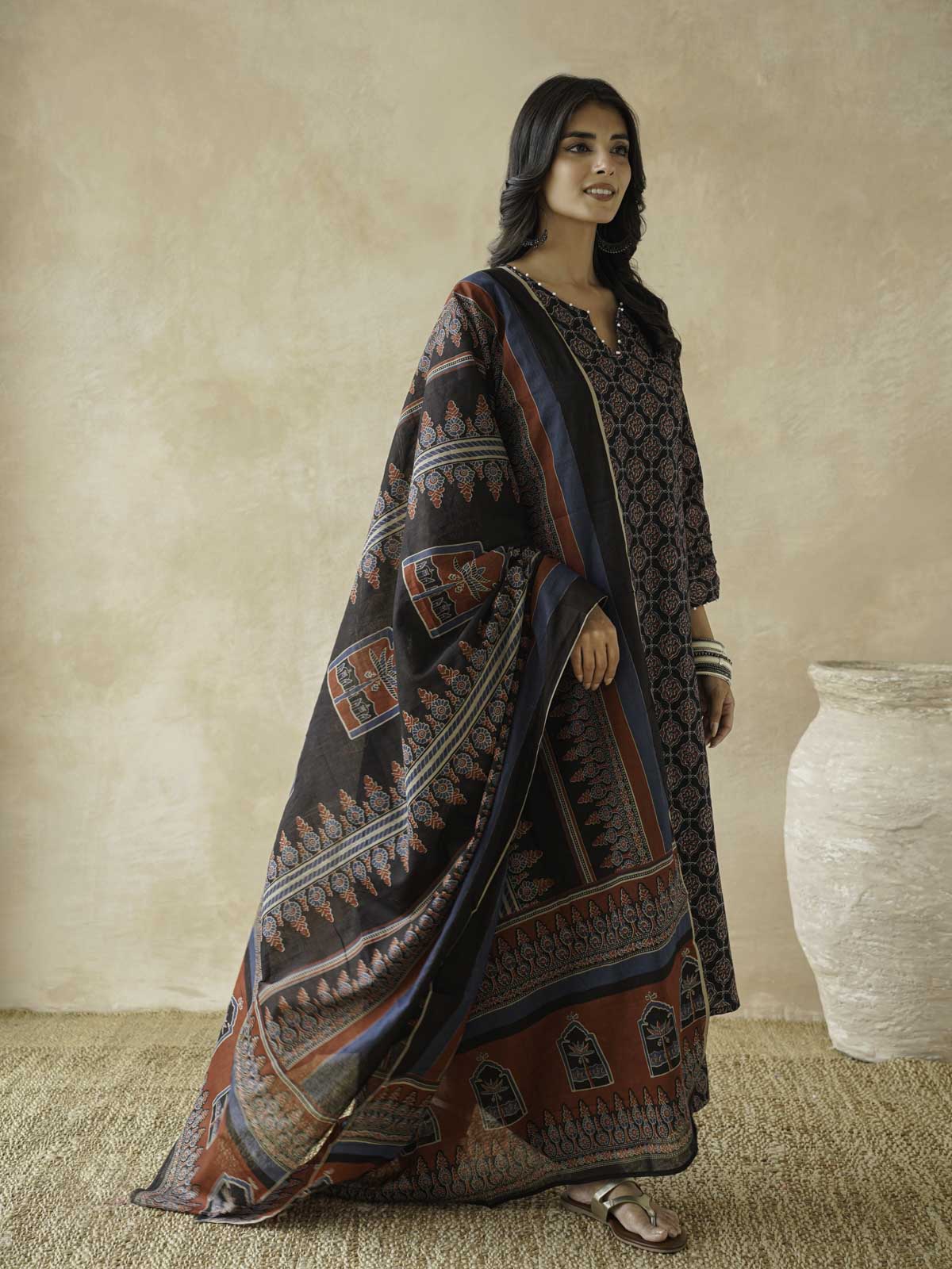 Cotton Printed Aline Kurta Set For Women Black