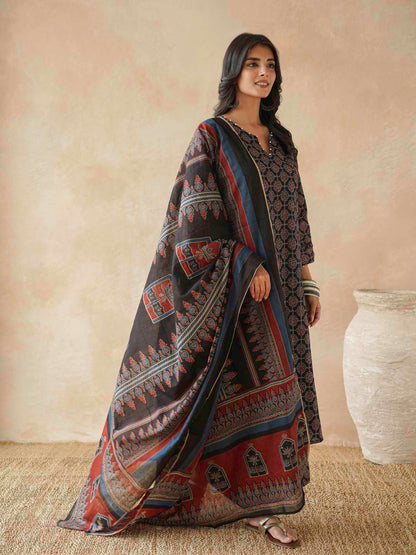 Cotton Printed Aline Kurta Set For Women Black
