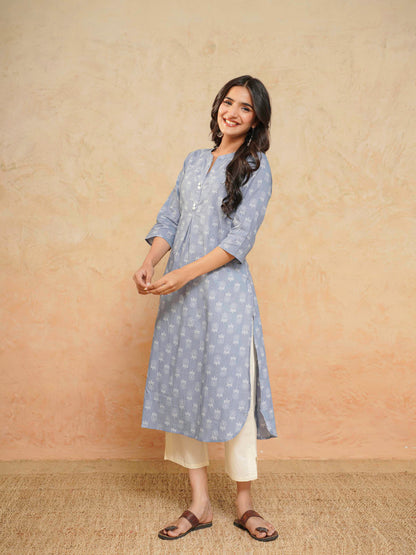 Cotton Pleat Kurta For Women Grey