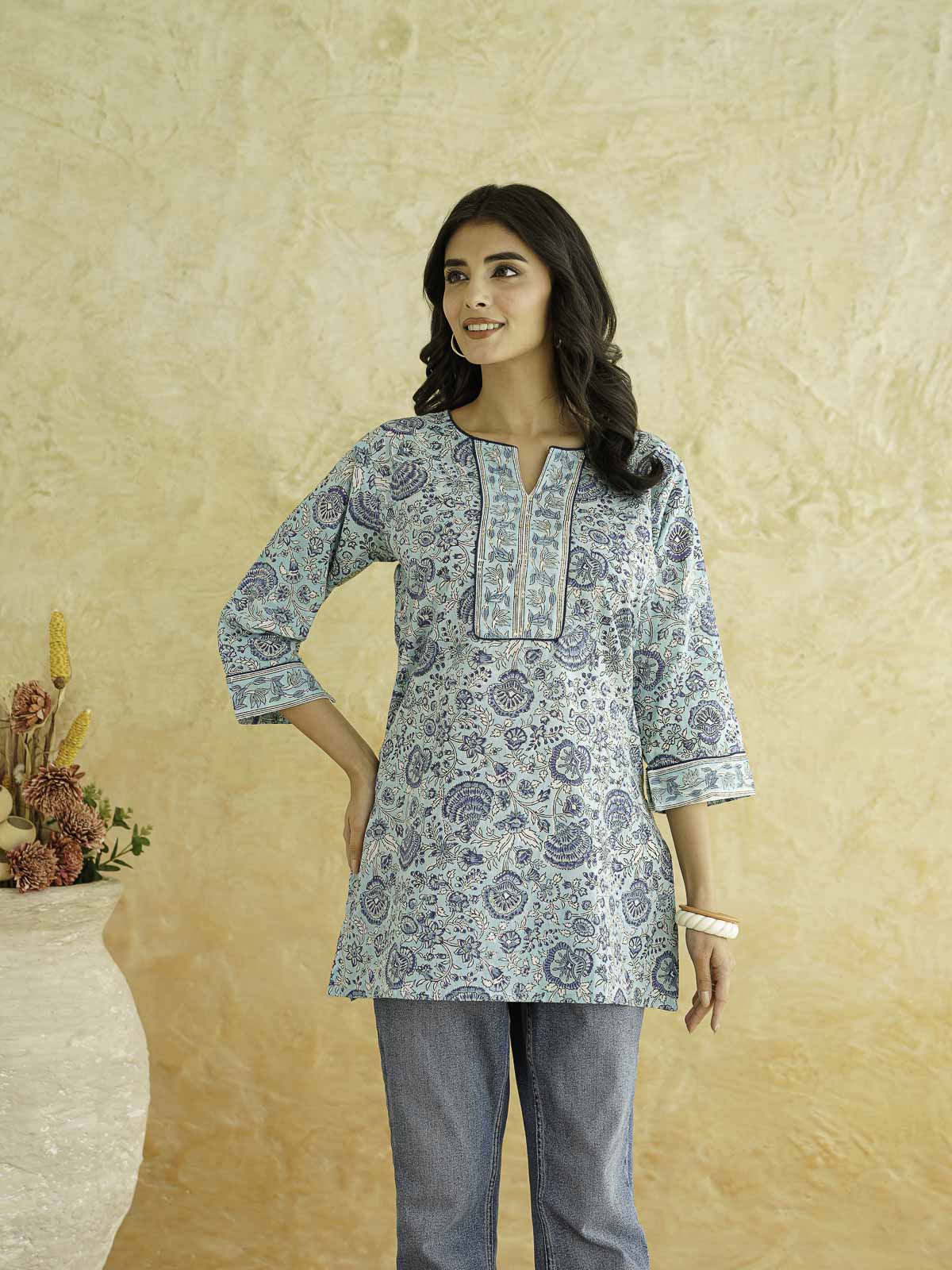 Cotton Printed Sequin Short Kurti For Women Turquoise