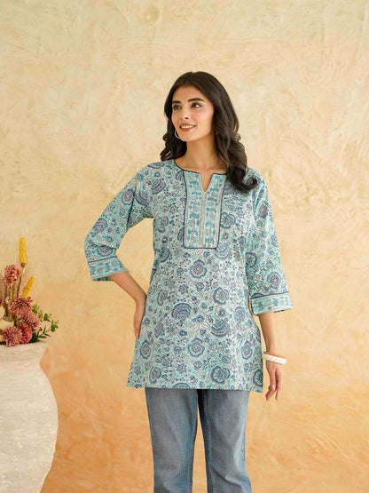 Cotton Printed Sequin Short Kurti For Women Turquoise