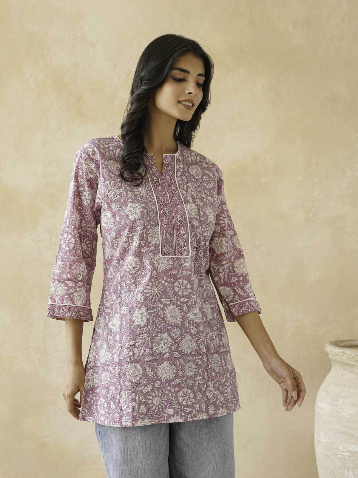 Cotton Printed Sequin Short Kurti For Women Purple