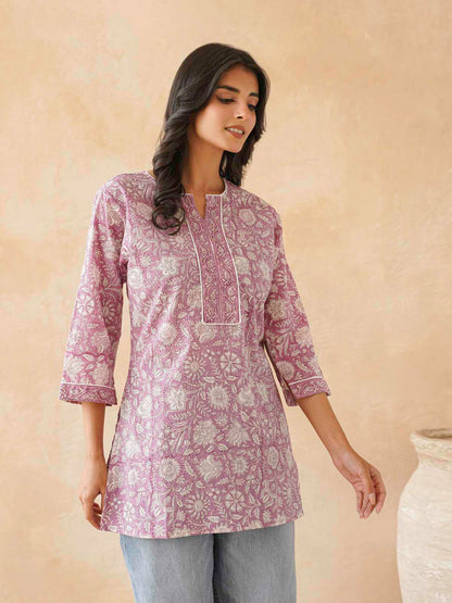 Cotton Printed Sequin Short Kurti For Women Purple