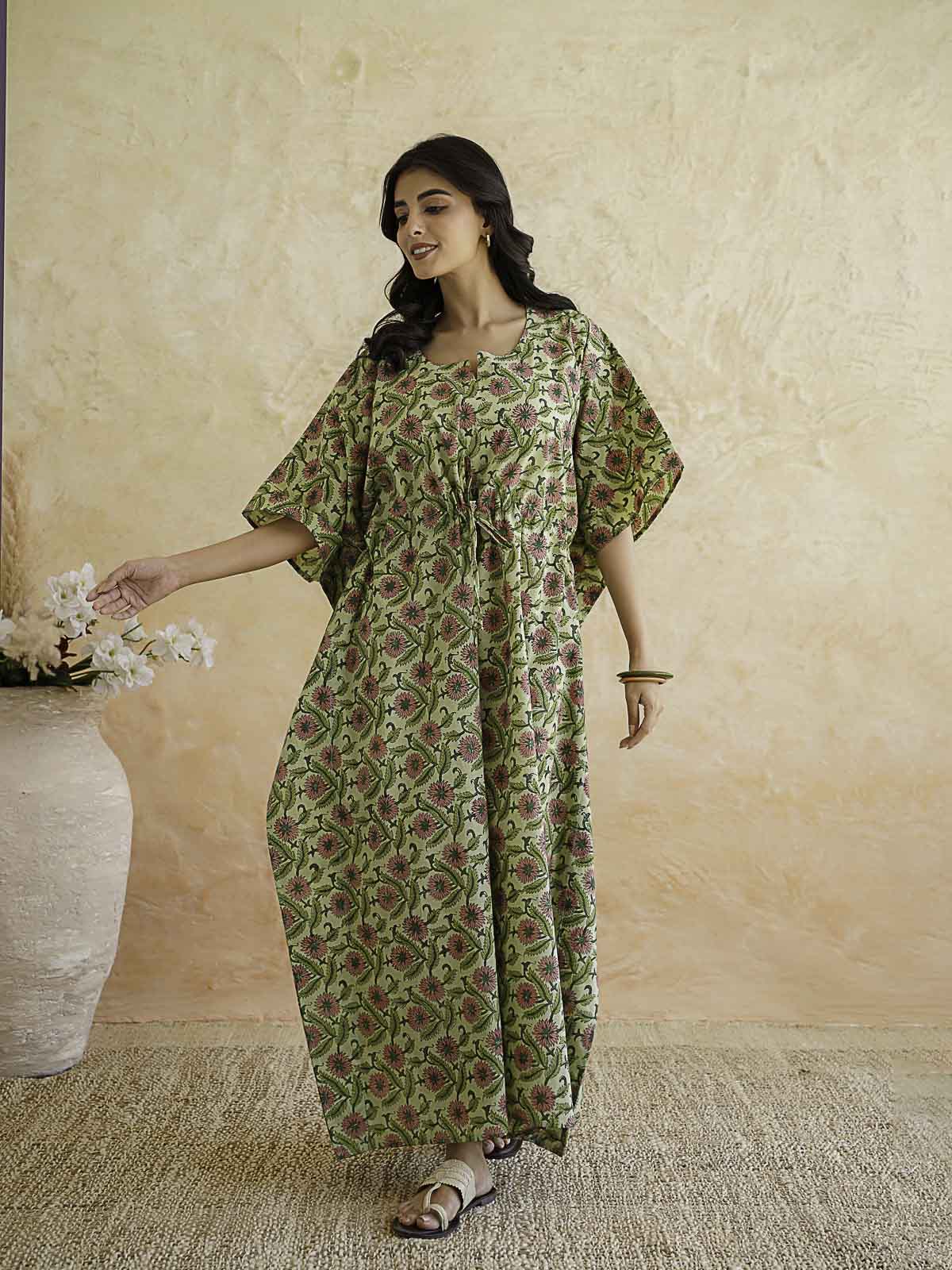 Block-Printed Cotton Long Kaftan Green Jaal