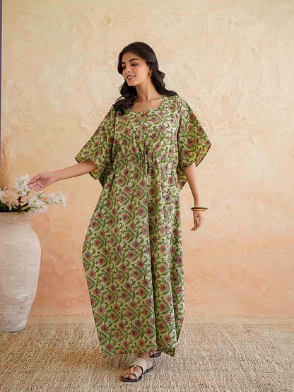 Block-Printed Cotton Long Kaftan Green Jaal