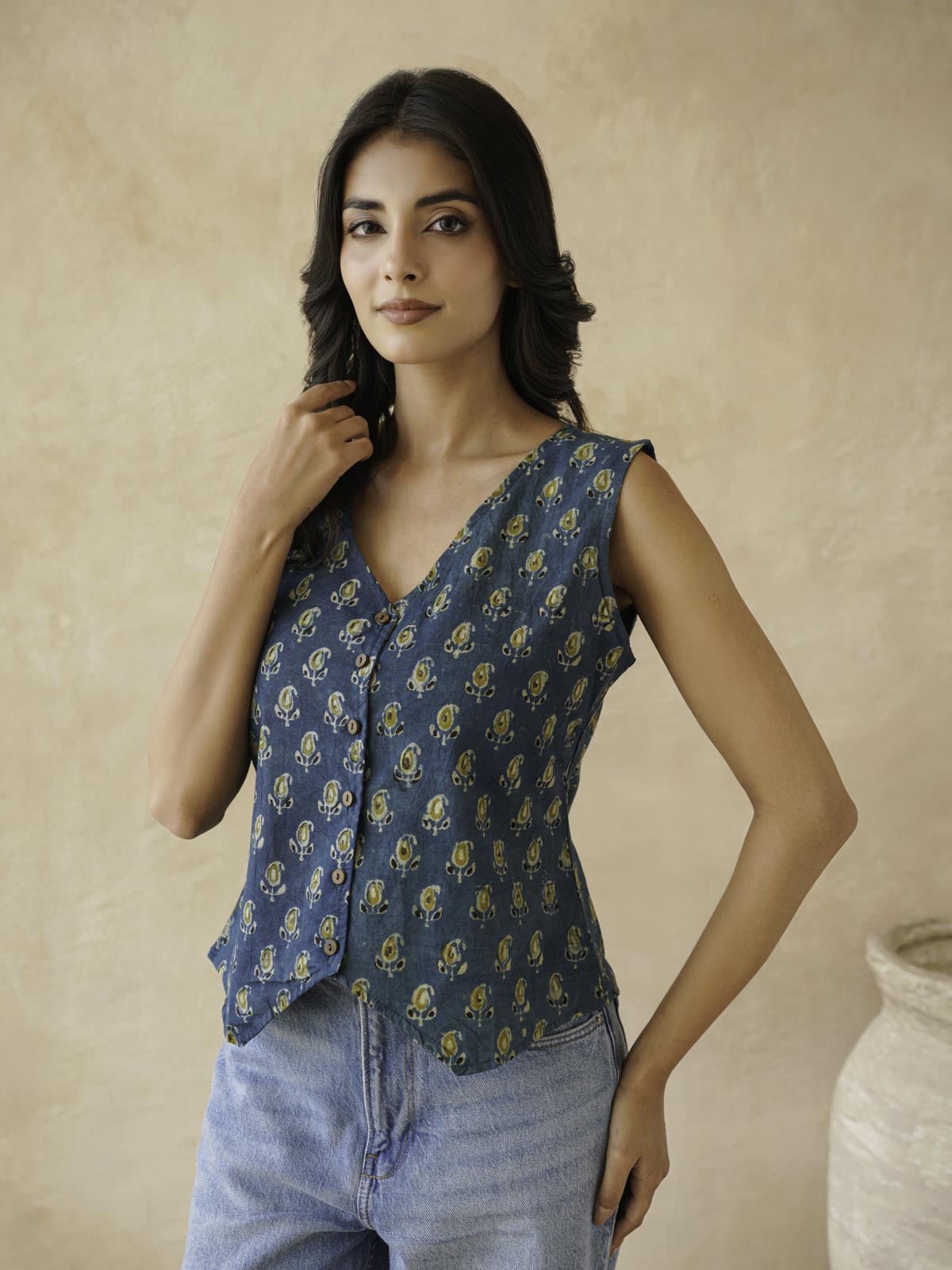 Sleeveless Cotton Block Printed Kothi Top Indigo Booty