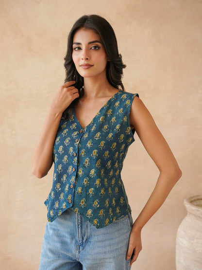 Sleeveless Cotton Block Printed Kothi Top Indigo Booty