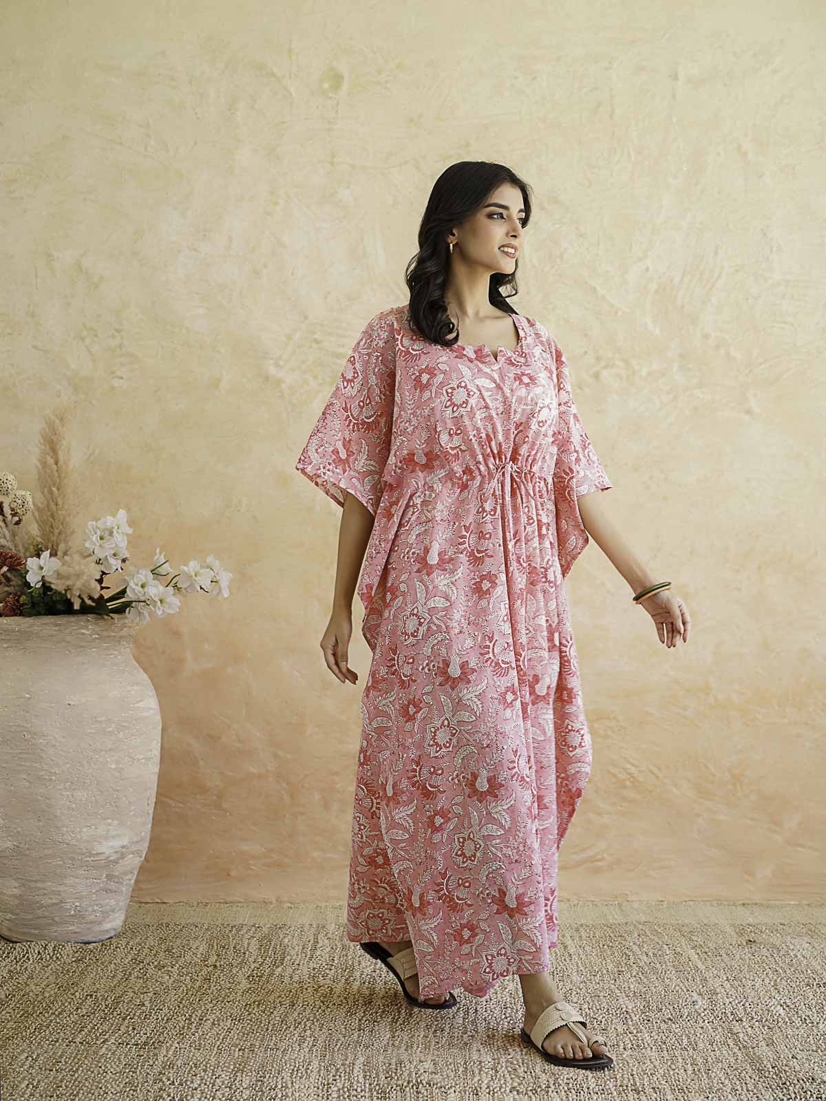 Block-Printed Cotton Long Kaftan Pink Jaal