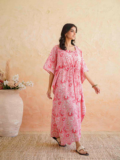 Block-Printed Cotton Long Kaftan Pink Jaal