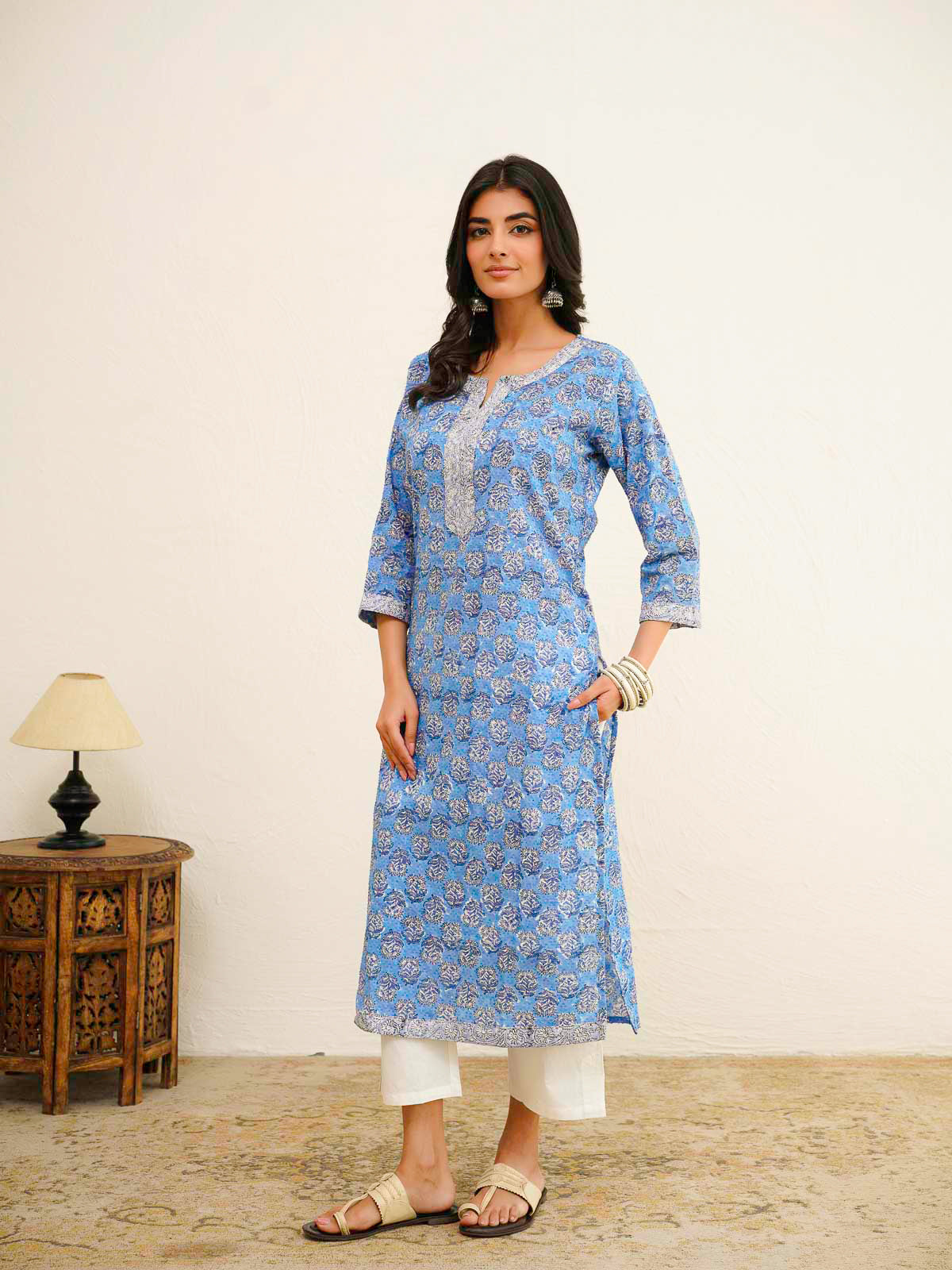 Cotton Block Printed Long Kurta Blue Booty