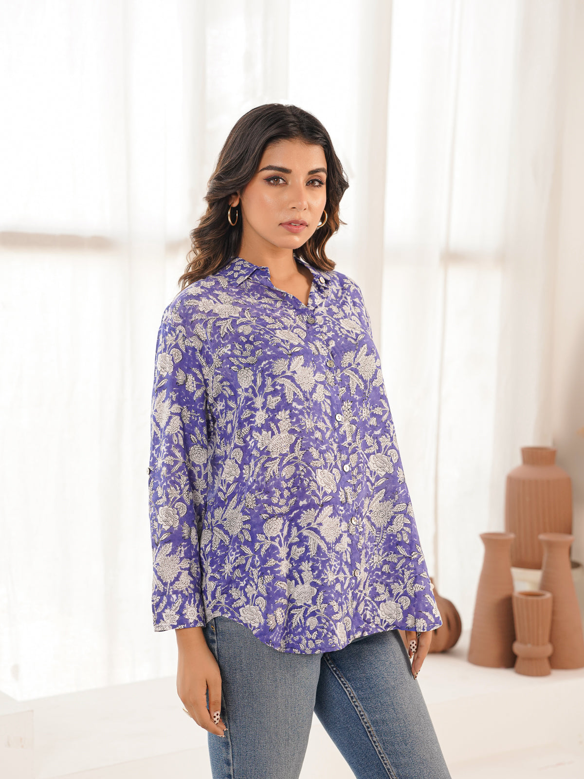 Block Printed Cotton Meher Shirt Blue Jaal