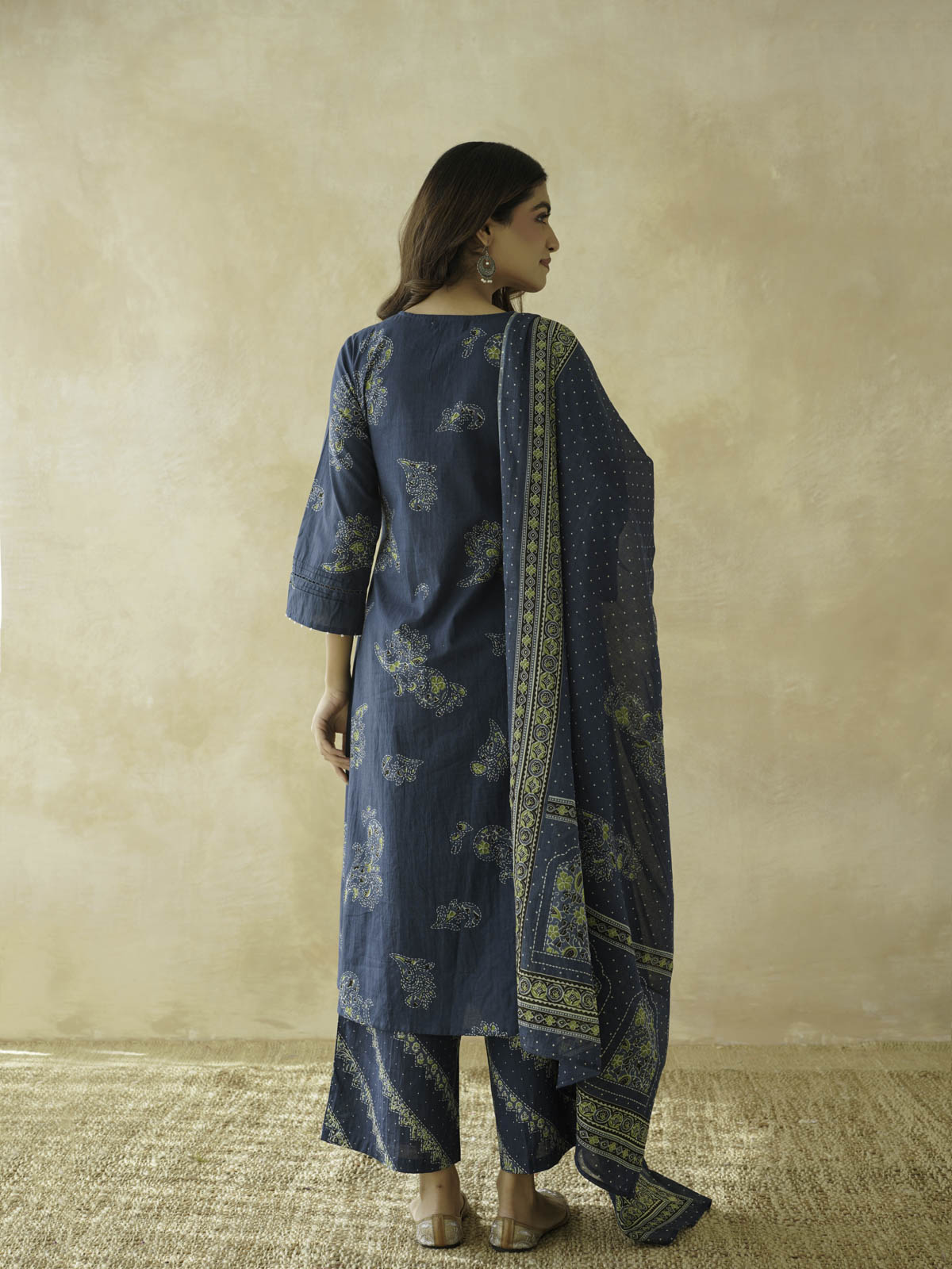 Cotton Printed Aline Geet Kurta Set For Women Indigo
