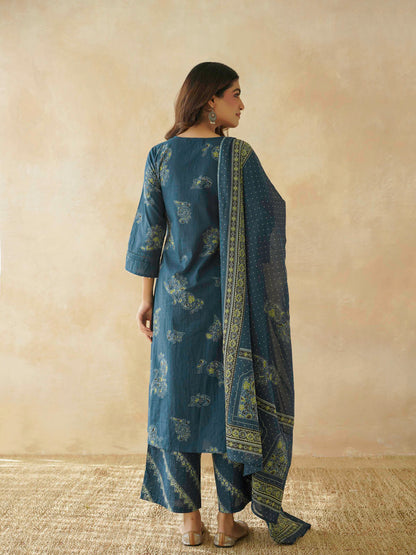 Cotton Printed Aline Geet Kurta Set For Women Indigo