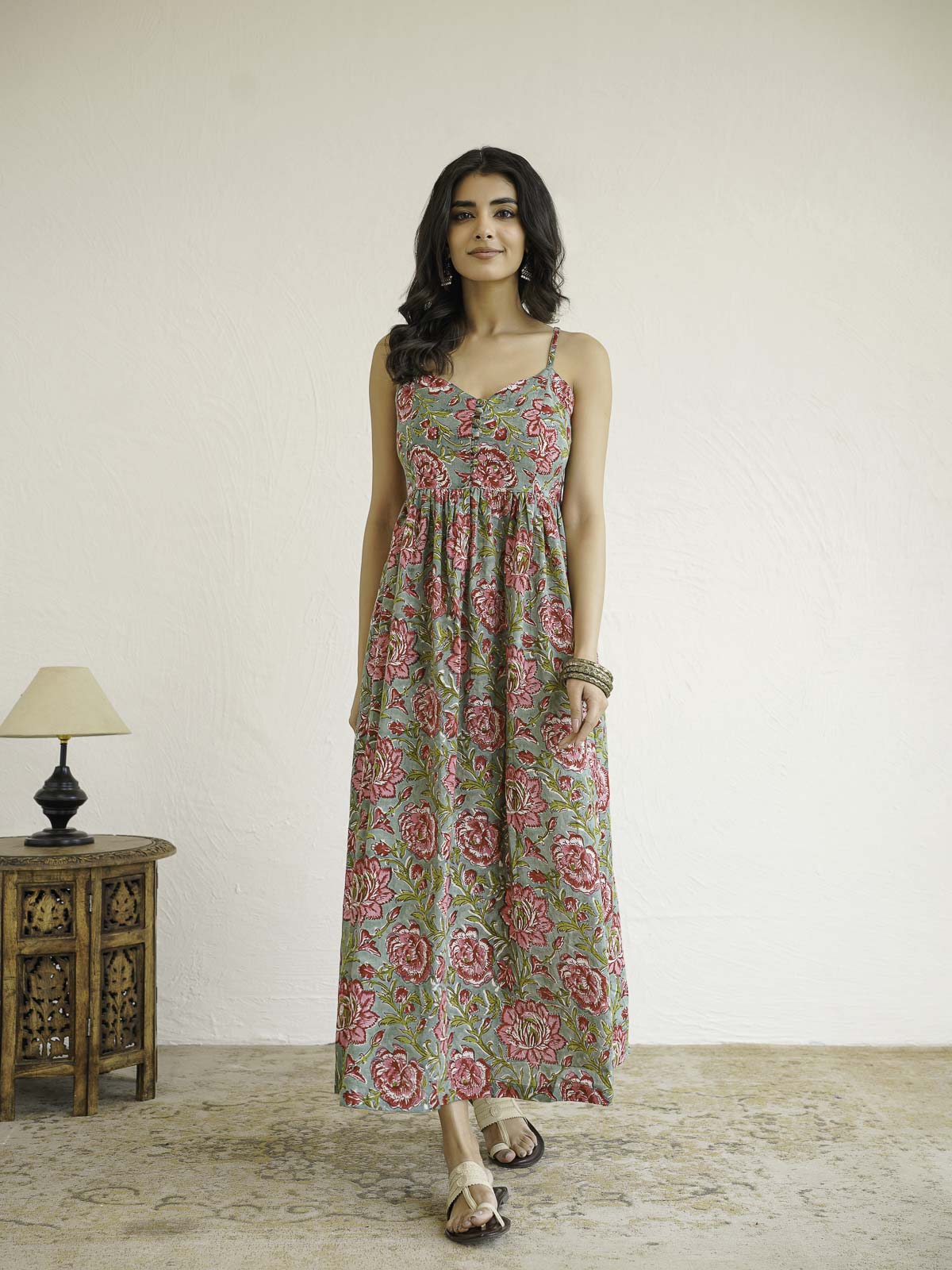 V-Neck Long Strappy Dress Green Flower