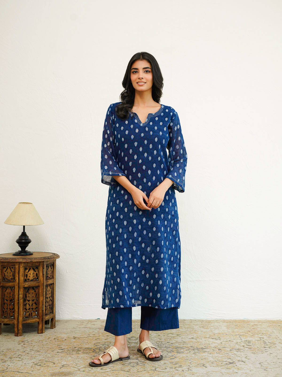 Cotton Printed Kantha Style Set For Women Indigo Eye