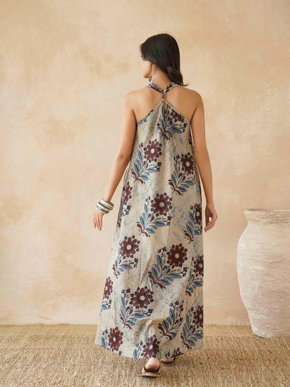 Cotton Printed Aline Moana Dress Beige