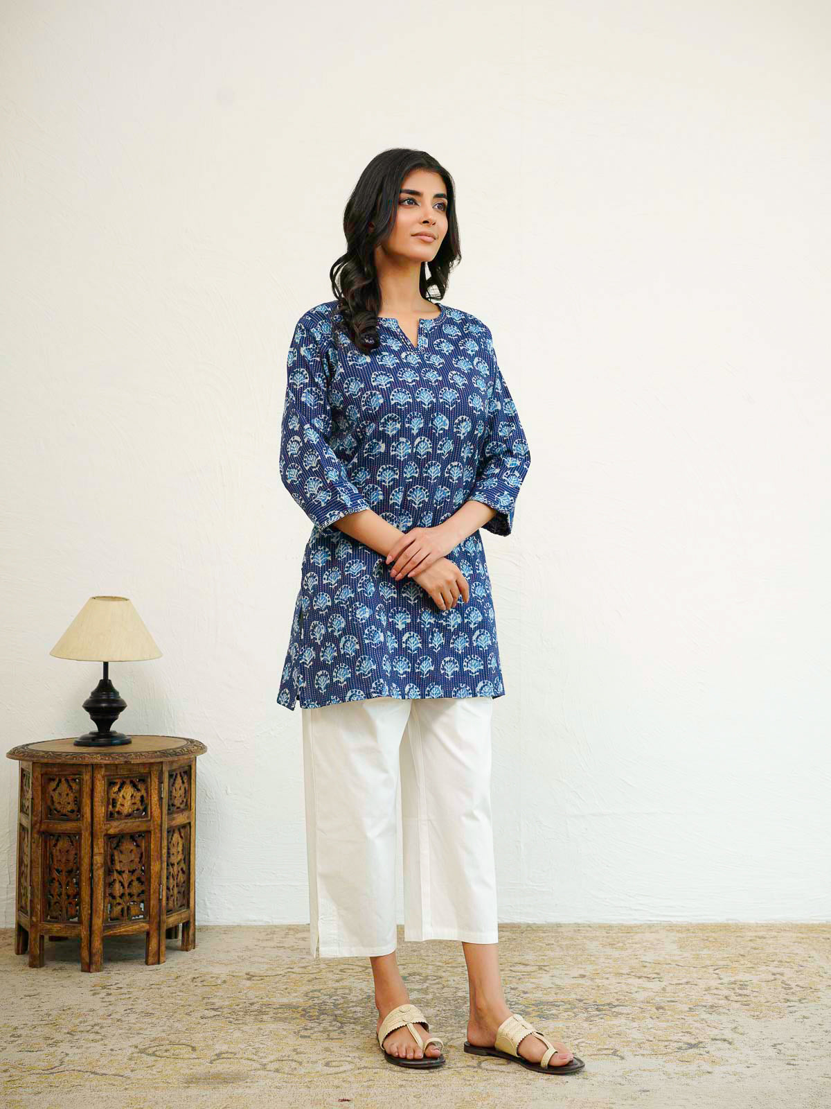 Cotton Printed Kantha Kurta Blue