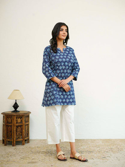 Cotton Printed Kantha Kurta Blue