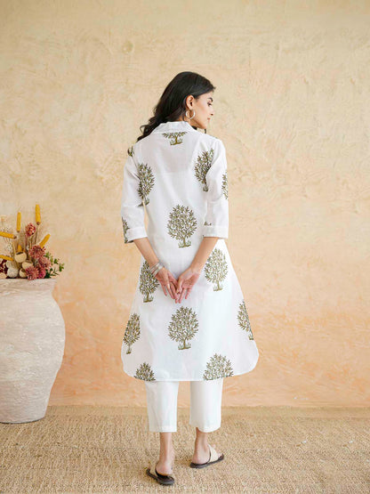 Cotton Printed Straight Kurta White