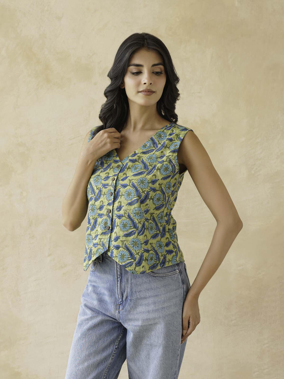 Sleeveless Cotton Block Printed Kothi Top Green Jaal