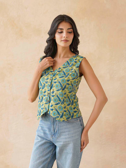 Sleeveless Cotton Block Printed Kothi Top Green Jaal