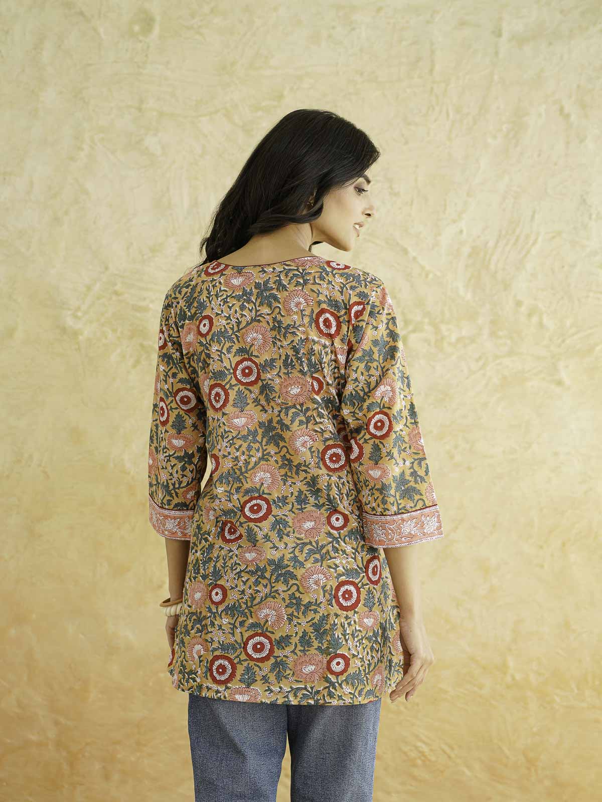 Cotton Printed Sequin Short Kurti For Women Brown