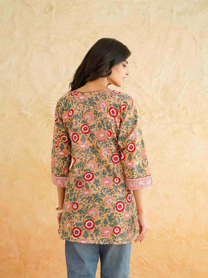 Cotton Printed Sequin Short Kurti For Women Brown