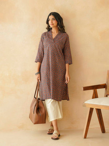 Cotton Printed Straight Kurta Blue Orange