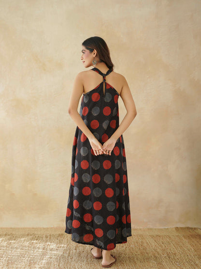 Cotton Printed Aline Moana Dress Black Polka
