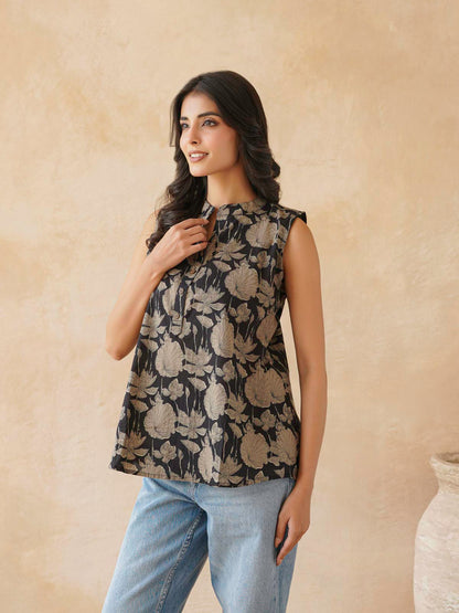 Cotton Printed Sleeveless Tunic Top For Women Black Grey