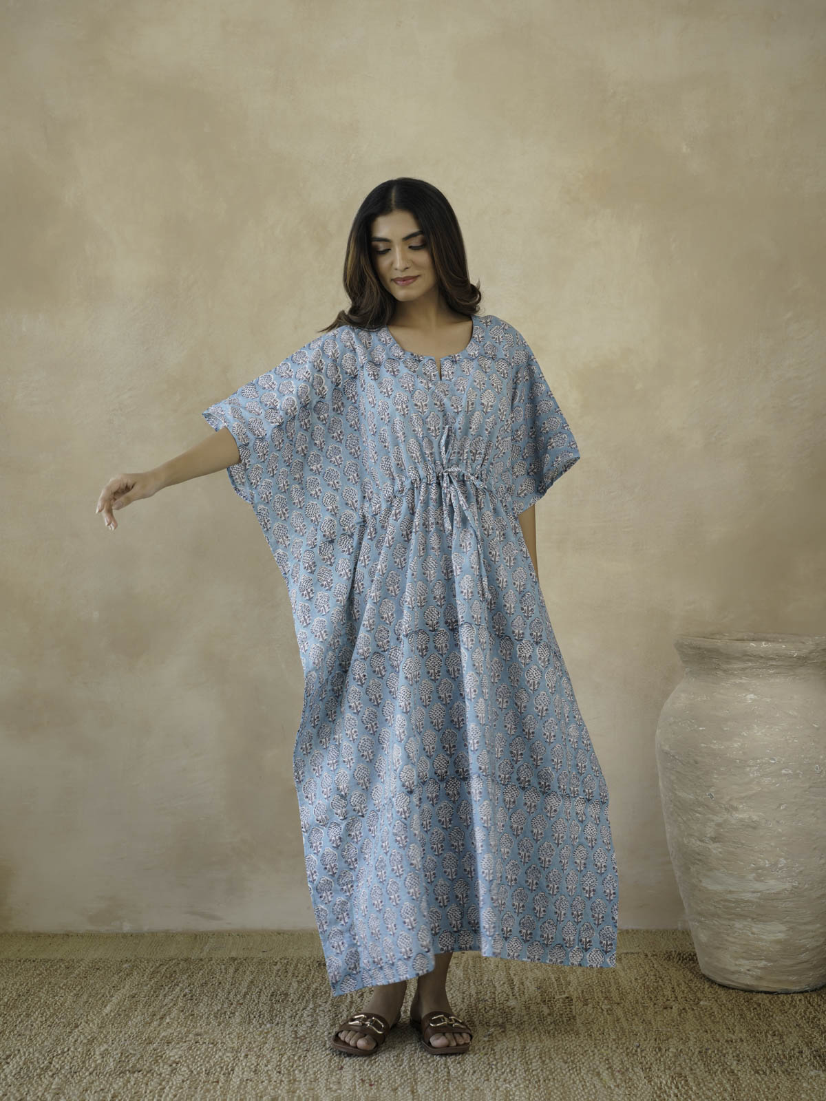 Block-Printed Cotton Long Kaftan Blue Booty