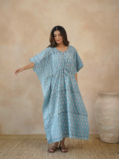 Block-Printed Cotton Long Kaftan Blue Booty