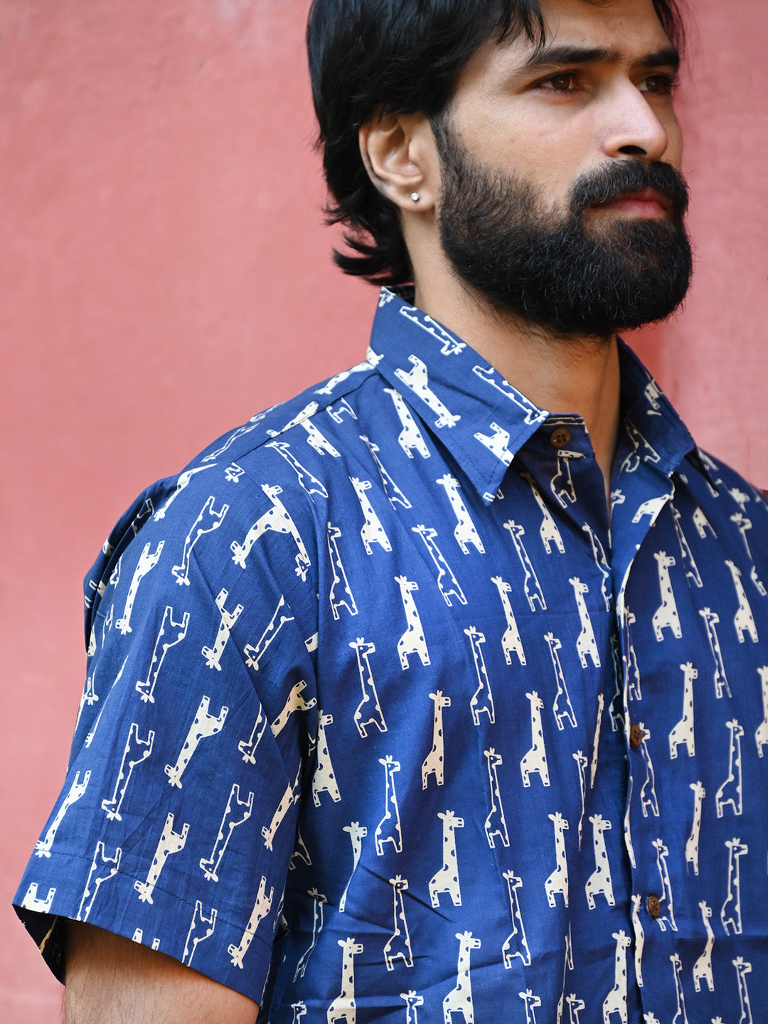 Men's Relaxed Fit Cotton Shirt – Half Sleeves - Blue Giraffe