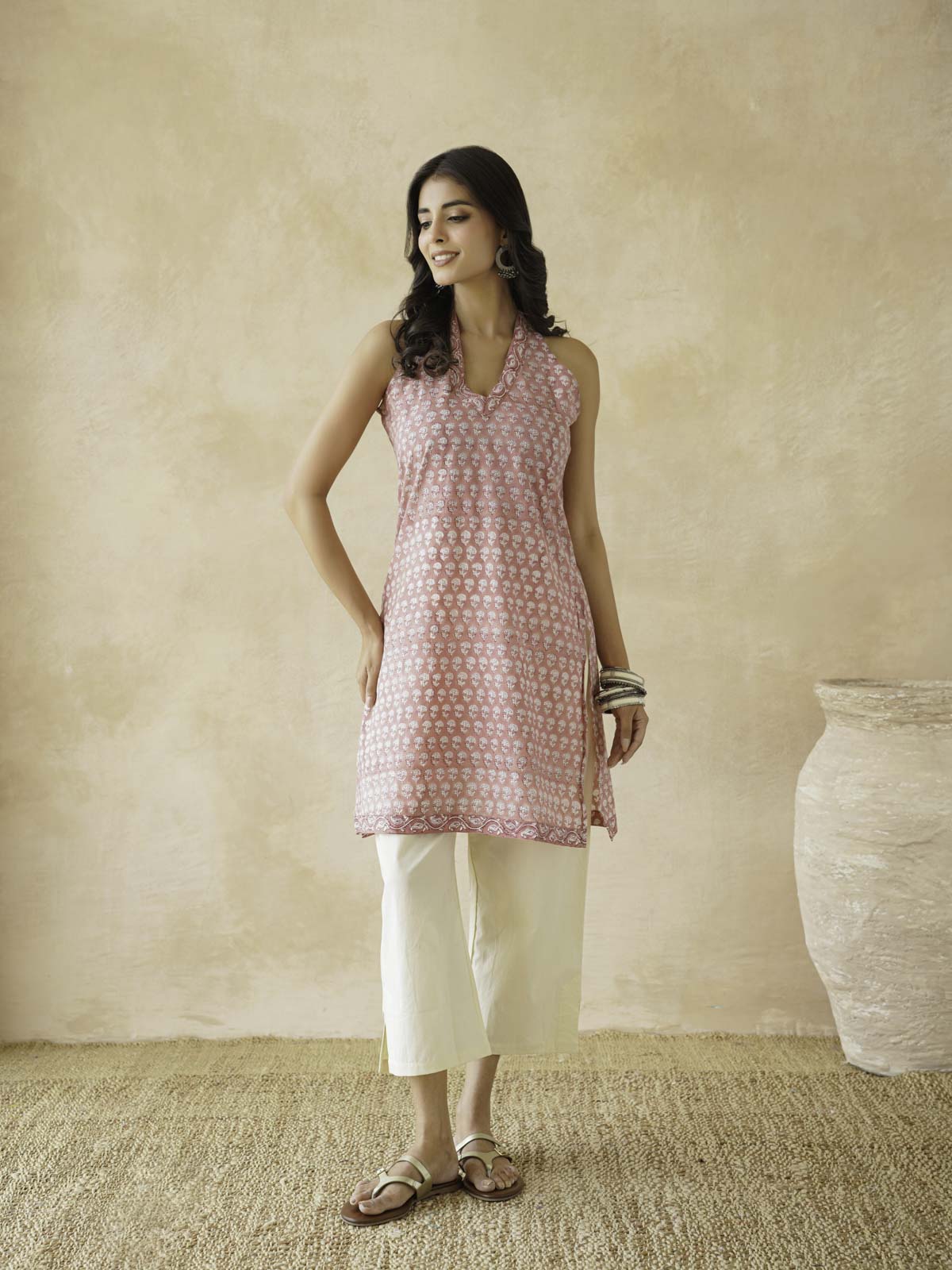 Sleeveless Cotton Halter Neck Kurti Dusty Pink