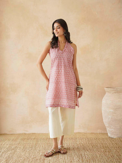 Sleeveless Cotton Halter Neck Kurti Dusty Pink