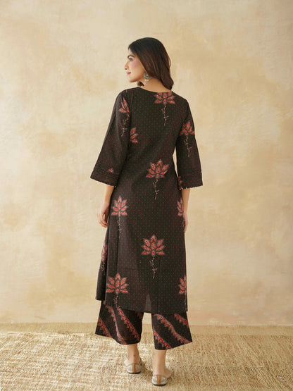 Cotton Printed Aline Geet Kurta Set For Women Black Lotus