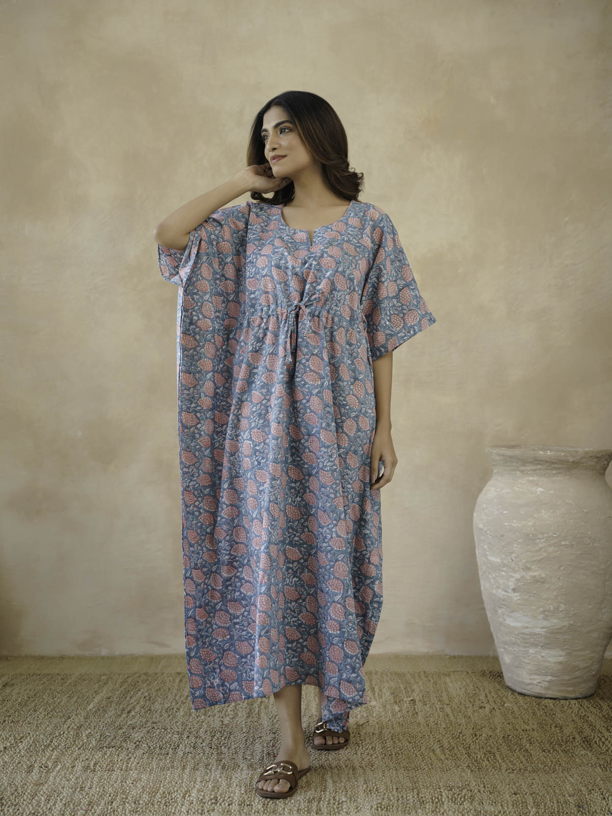 Block-Printed Cotton Long Kaftan Marigold