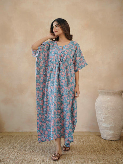 Block-Printed Cotton Long Kaftan Marigold