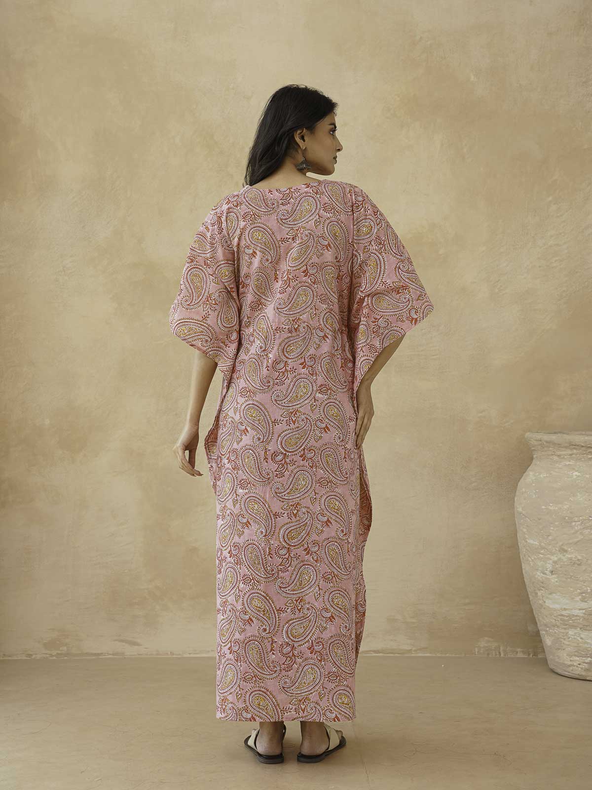 Block-Printed Cotton Long Kaftan Pink Red