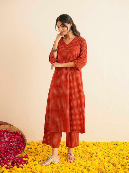 Cotton Printed V-Neck Style Set For Women Red