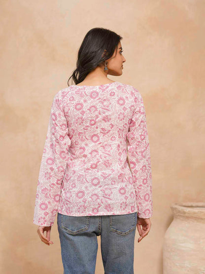 Full Sleeve Cotton Printed Classic Vee Top White