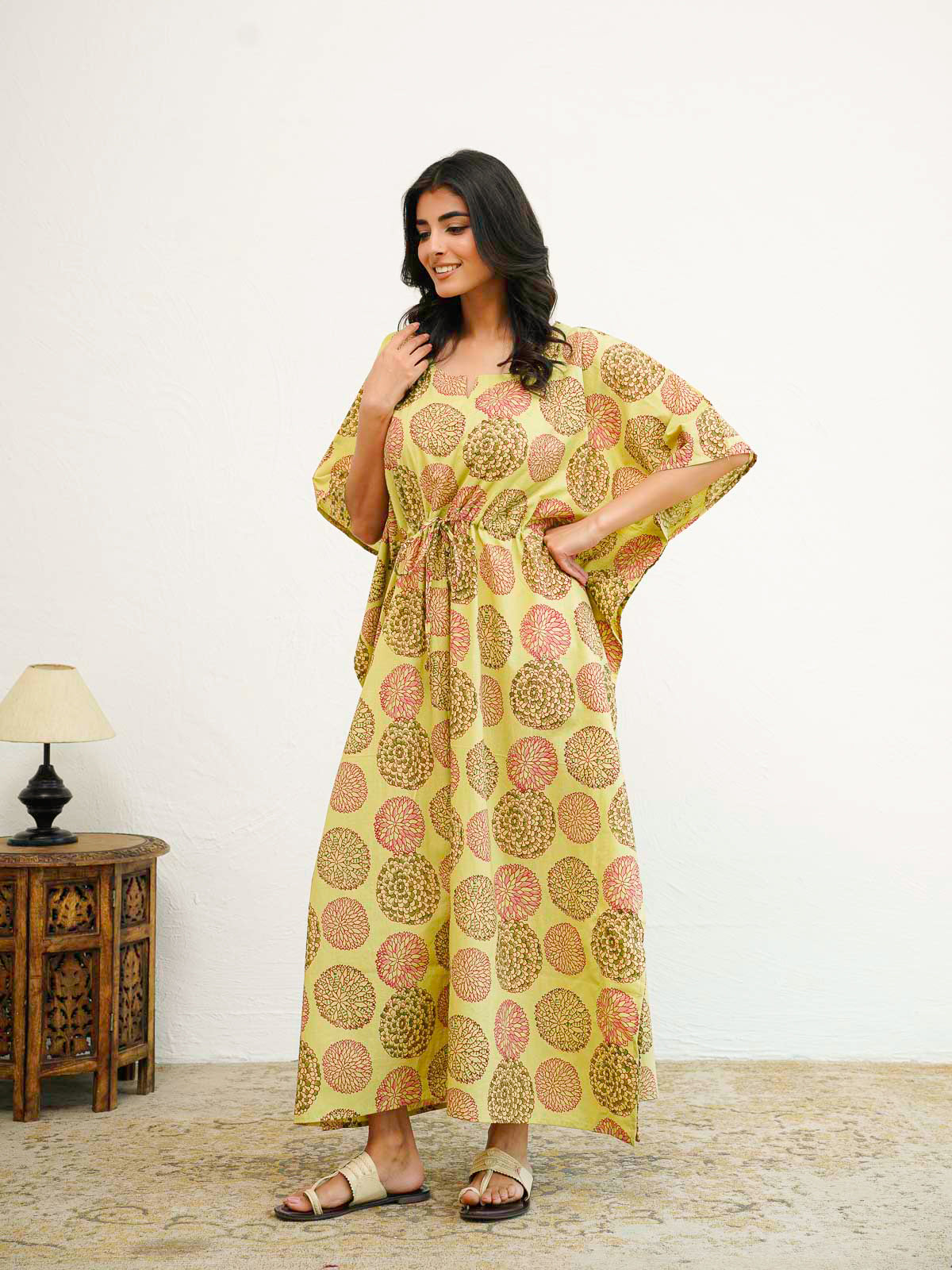 Block-Printed Cotton Long Kaftan Green Flower
