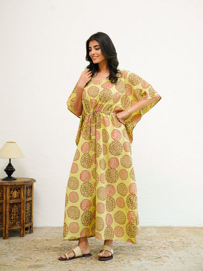 Block-Printed Cotton Long Kaftan Green Flower