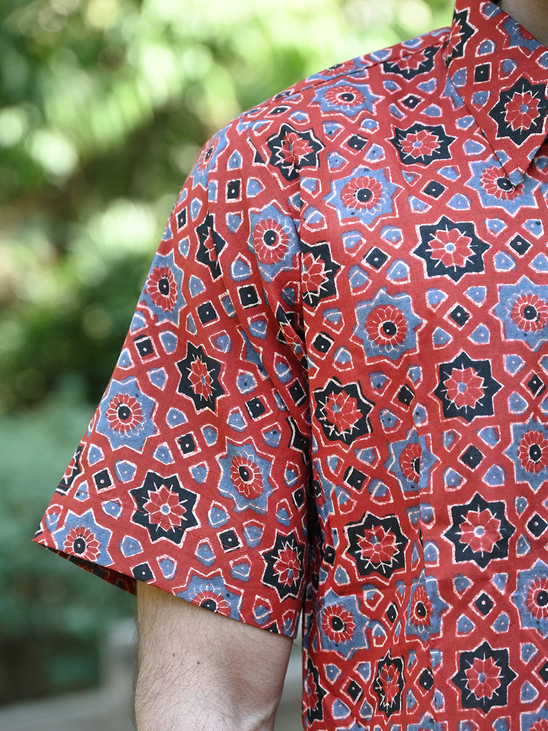 Men's Relaxed Fit Cotton Shirt – Half Sleeves - Red Ajrakh