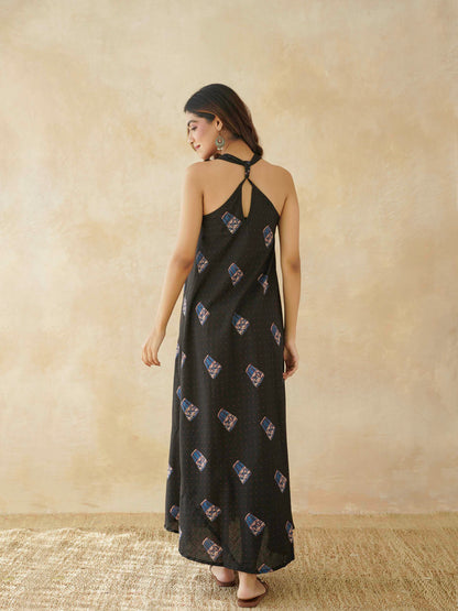 Cotton Printed Aline Moana Dress Black