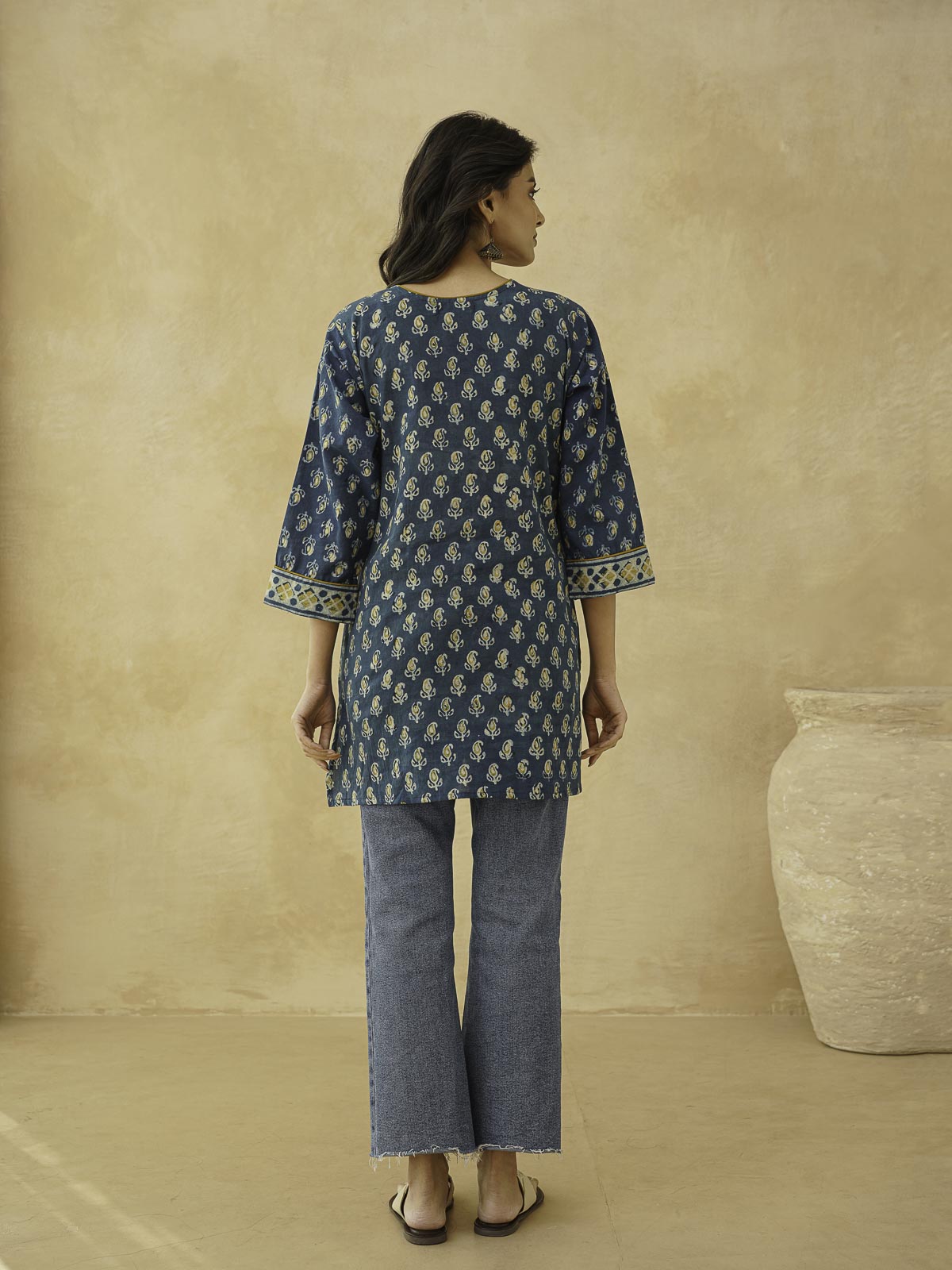 Cotton Printed Sequin Short Kurti For Women Indigo