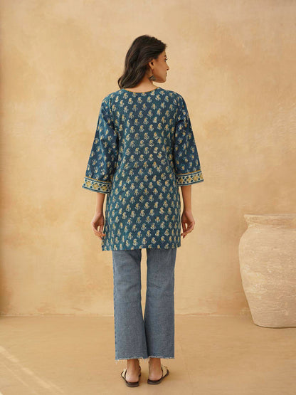 Cotton Printed Sequin Short Kurti For Women Indigo